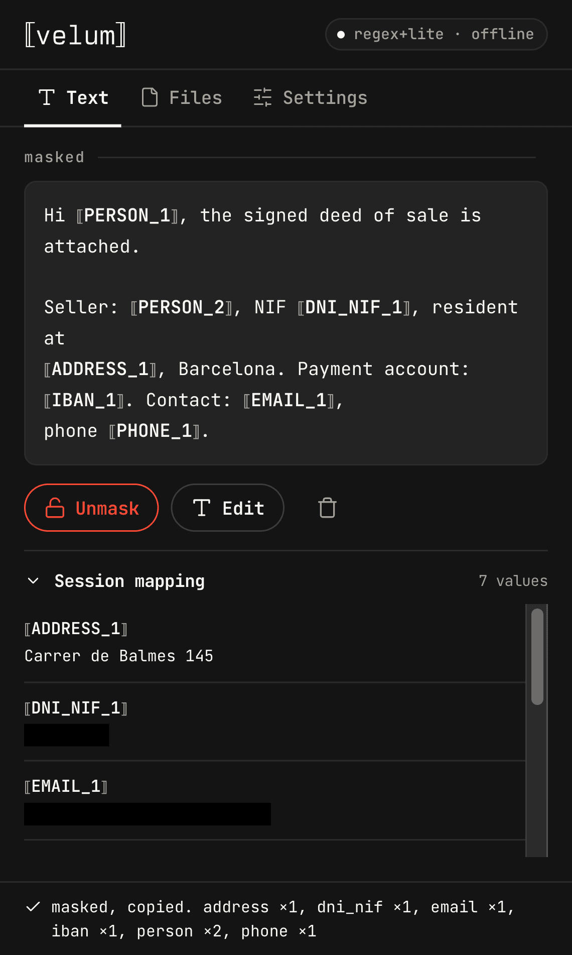 The Velum Lite popup with the session mapping open, listing seven values beside their tokens, each original under a censor bar with one lifted.